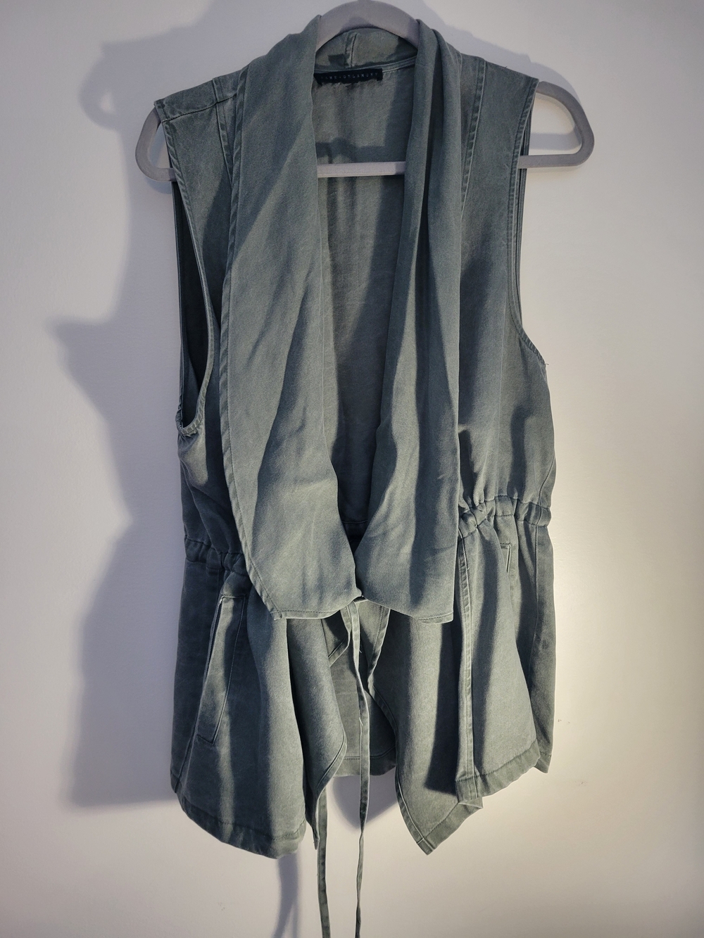 Jane & Delancey Sleeveless Draped Open Front Vest in Soft Olive